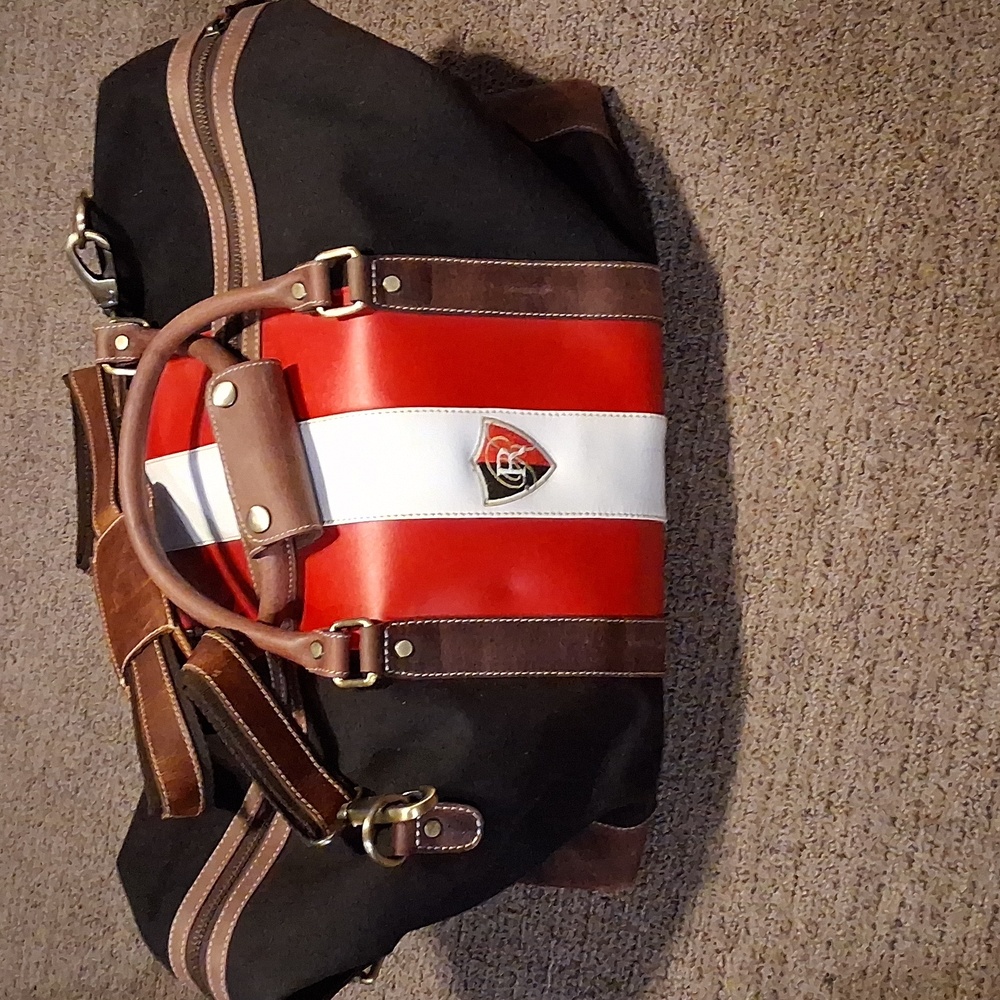 Stylish Black and Red F.H WADSWORTH Duffel Bag with Brown Accents